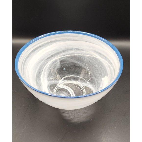 ARDACAM White Swirl Glass Bowl Blue Rim Made in Turkey EUC - Picture 2 of 3